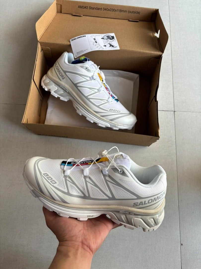 SALOMON XT6 TRIPLE WHITE (Category: Sneakers) located in Manila. Submitted by solefly_mnl.26 (Listing ID 1463808775, Image 2). Description: SALOMON XT6 triple white bnew 2499+sf available sz 41 to 45 mens actual pic posted!!! onhand ready to lalamove/ship via jrs novaliches qc area dm us for orders📩 fb page: solefly mnl v2.