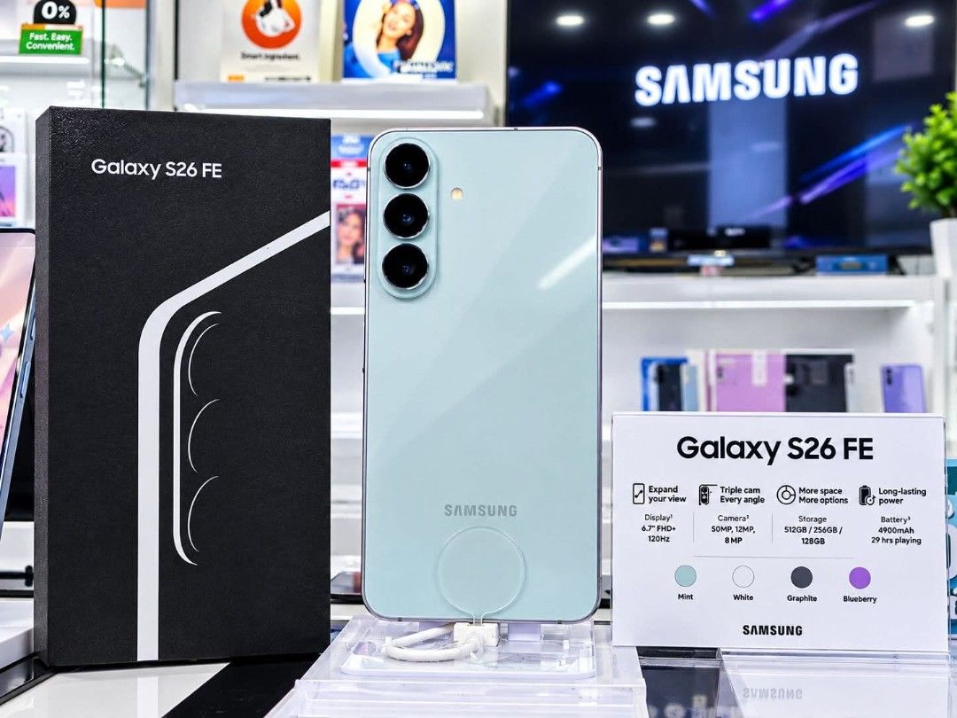 SAMSUNG EXCLUSIVE (Category: Samsung) located in Rizal. Submitted by carol.online (Listing ID 1463797663, Image 1). Description: 📢 Newest Galaxy S26 FE is here!! 🔥 Price: 8/128GB ₱38,990 8/512GB ₱ 56,990 up to 24mos 0% installment 📲 Available in Financing 🎁 Specifications: 🧌 Samsung Exynos 2500 📱 6.6' Dynamic AMOLED 2x 120Hz 📸 50MP Rear / 12MP Front 🔋 4,900 MAH .