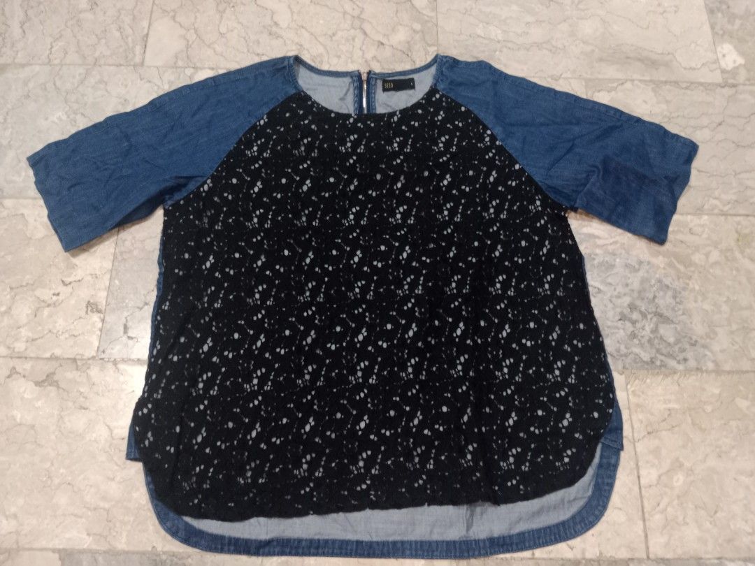 SEED Denim Lace Raglan Top (Category: Blouses) located in Manila. Submitted by yethquiday (Listing ID 1463839428, Image 1). Description: - Trendy seed top with denim raglan sleeves - Elegant black lace overlay on the front - Convenient zipper closure at the back - Flattering curved hemline - Perfect for dressing up or down - Comfortable and stylish design.