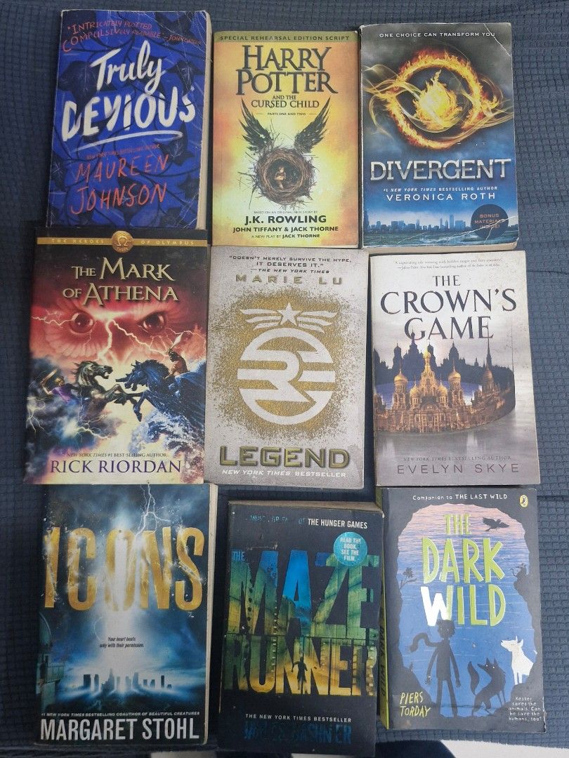 Selling Preloved Books! 📚🤓 (Category: Storybooks) located in Manila. Submitted by keenmoon_702c4e (Listing ID 1463767135, Image 1). Description: Truly Devious - 150 Harry Potter and the Cursed Child - 200 Divergent - 125 The Mark of Athena (Hardbound) - 300 Legend - 150 The Crown's Game - 125 Icons - 125 Maze Runner - 150 The Dark Wild - 100 Every Day - 125 Some Day - 175 A Tangle of Knots (Hardbound) - 150 The Unbecoming of Mara Dyer - 150 Gen