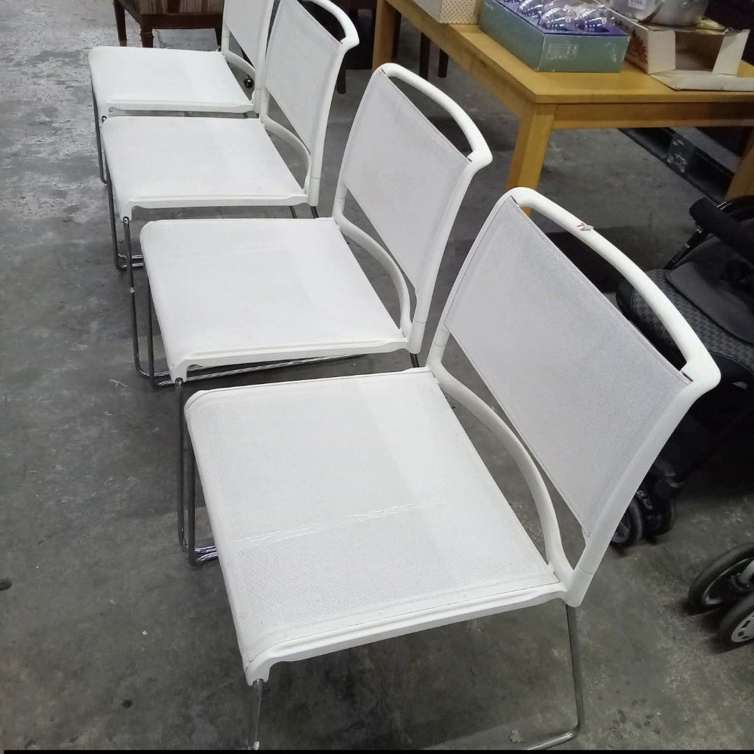 Set of 4 White Mesh Stackable Chairs (Category: Chairs) located in Manila. Submitted by japan.korea.surplus (Listing ID 1463835792, Image 2). Description: - Set of 4 white mesh chairs - Stackable design for space-saving - Sturdy metal frame - Versatile: Ideal for dining, office, or events - Easy to clean and maintain - Excellent value for all four chairs.