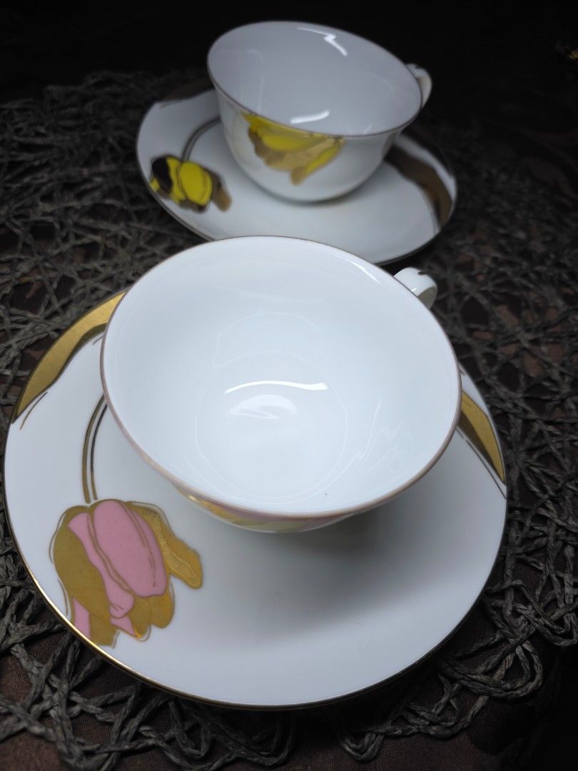 Shiseido Collector's Piece (Category: Dinnerware & Cutlery) located in Zamboanga. Submitted by lunavinum (Listing ID 1463894036, Image 2). Description: Shiseido Collector's Piece Shiseido Pink Gold Spring Flower Shiseido Yellow Gold Spring Flower Approx meas: cup 3.6, saucer 6 Condition: Light discoloration on gold pattern 380 each 650 take all.