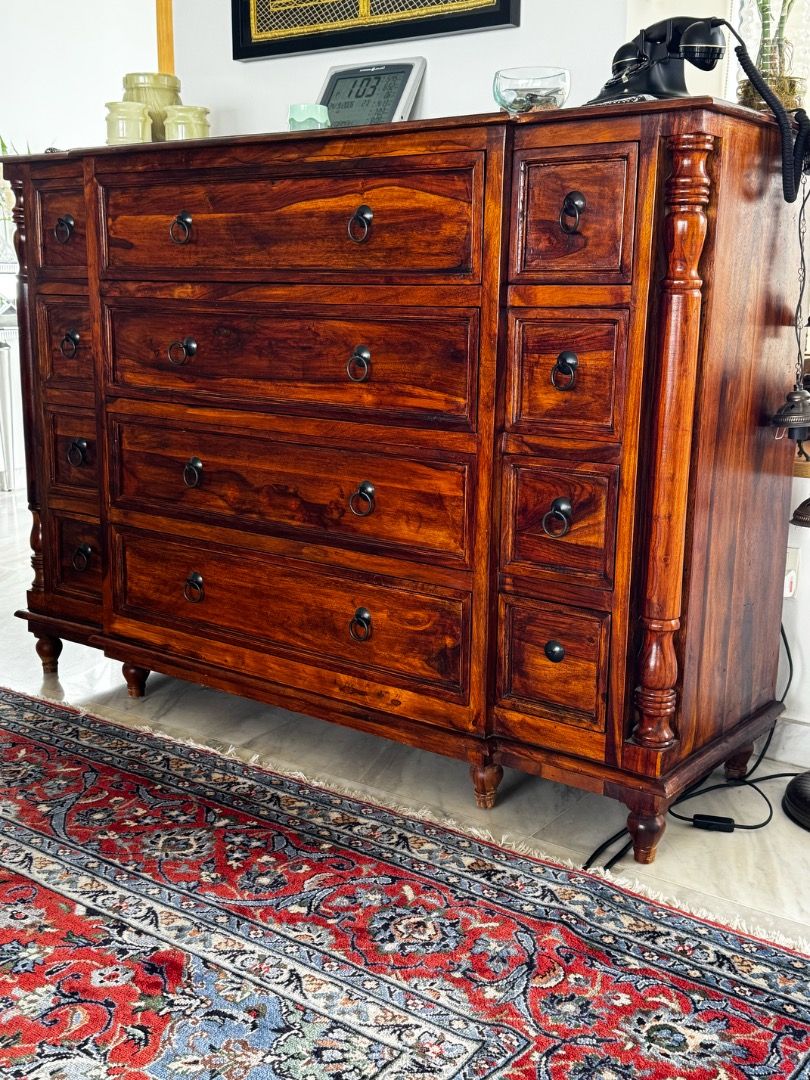 Solid Wood Console (Category: Shelves, Cabinets & Racks) located in Singapore. Submitted by munaza1020 (Listing ID 1463786133, Image 1). Description: Beautiful solid marina Wood Console Deep Drawers Excellent condition Dubai Made Has matching dinning table with 6 chairs ( selling seperatly).