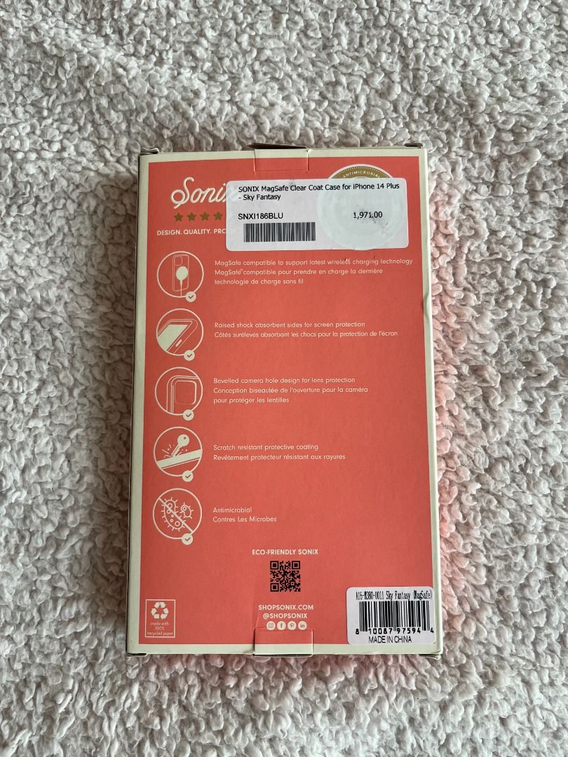 SONIX MAGSAFE CASE IPHONE 14 PLUS (Category: Cases & Sleeves) located in Caloocan City. Submitted by fezwez (Listing ID 1463751188, Image 2). Description: - Brand: Sonix - Model: MagSafe Case for iPhone 14 Plus - Design: 'Sky Fantasy' with retro rainbow and glitter - Compatibility: MagSafe compatible for wireless charging - Protection: Drop-test certified with shock-absorbent sides - Features: Antimicrobial coating - RFS: Bought the wrong case si