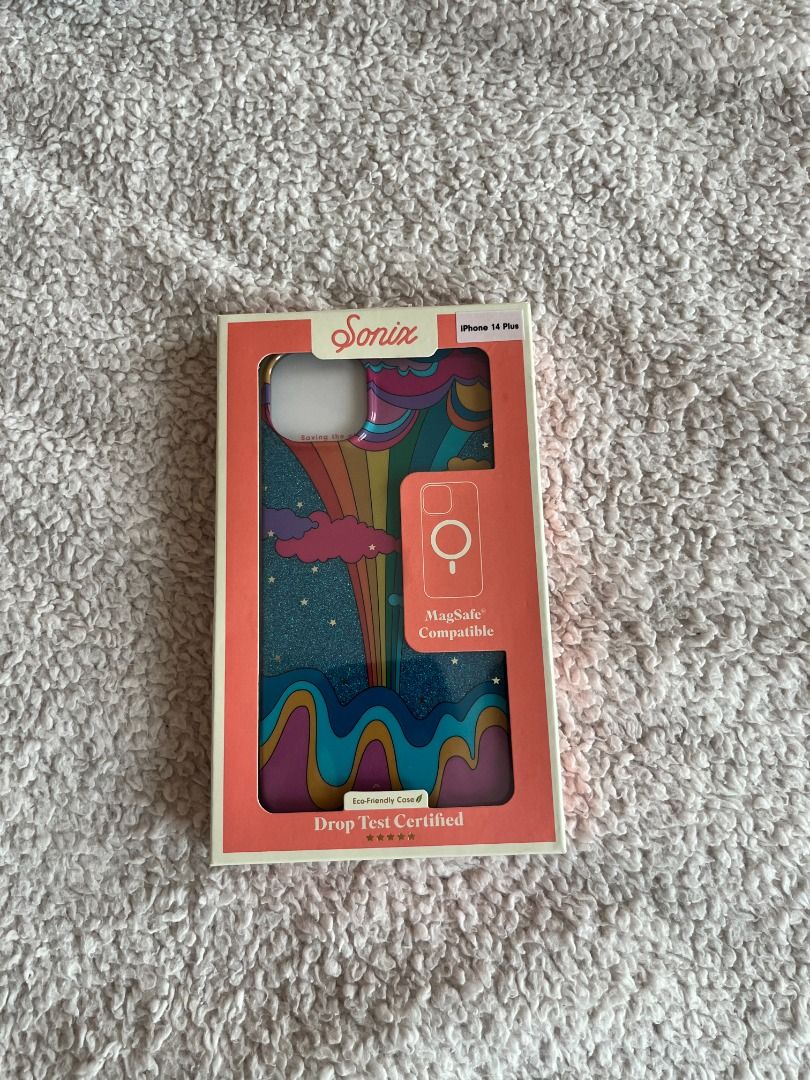 SONIX MAGSAFE CASE IPHONE 14 PLUS (Category: Cases & Sleeves) located in Caloocan City. Submitted by fezwez (Listing ID 1463751188, Image 1). Description: - Brand: Sonix - Model: MagSafe Case for iPhone 14 Plus - Design: 'Sky Fantasy' with retro rainbow and glitter - Compatibility: MagSafe compatible for wireless charging - Protection: Drop-test certified with shock-absorbent sides - Features: Antimicrobial coating - RFS: Bought the wrong case si