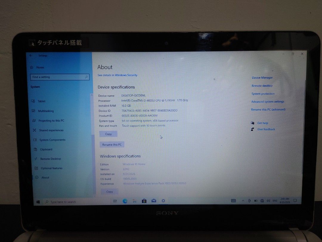 Sony Vaio Laptop (White) (Category: Laptops & Notebooks) located in General Trias. Submitted by mervcorner (Listing ID 1463925816, Image 3). Description: Sony Vaio Laptop (White) Model: Vaio Fit 14E Specs: 14-inch Display Windows 10 Pro Core i3-4005U 1.70GHz 16GB RAM 240GB SSD Intel HD Graphics Touchscreen WIFI Ready Bluetooth Japanese Keyboard Layout Notes: - Battery can only last maximum of 2 hours depending on usage. - Speaker at maximum of 10