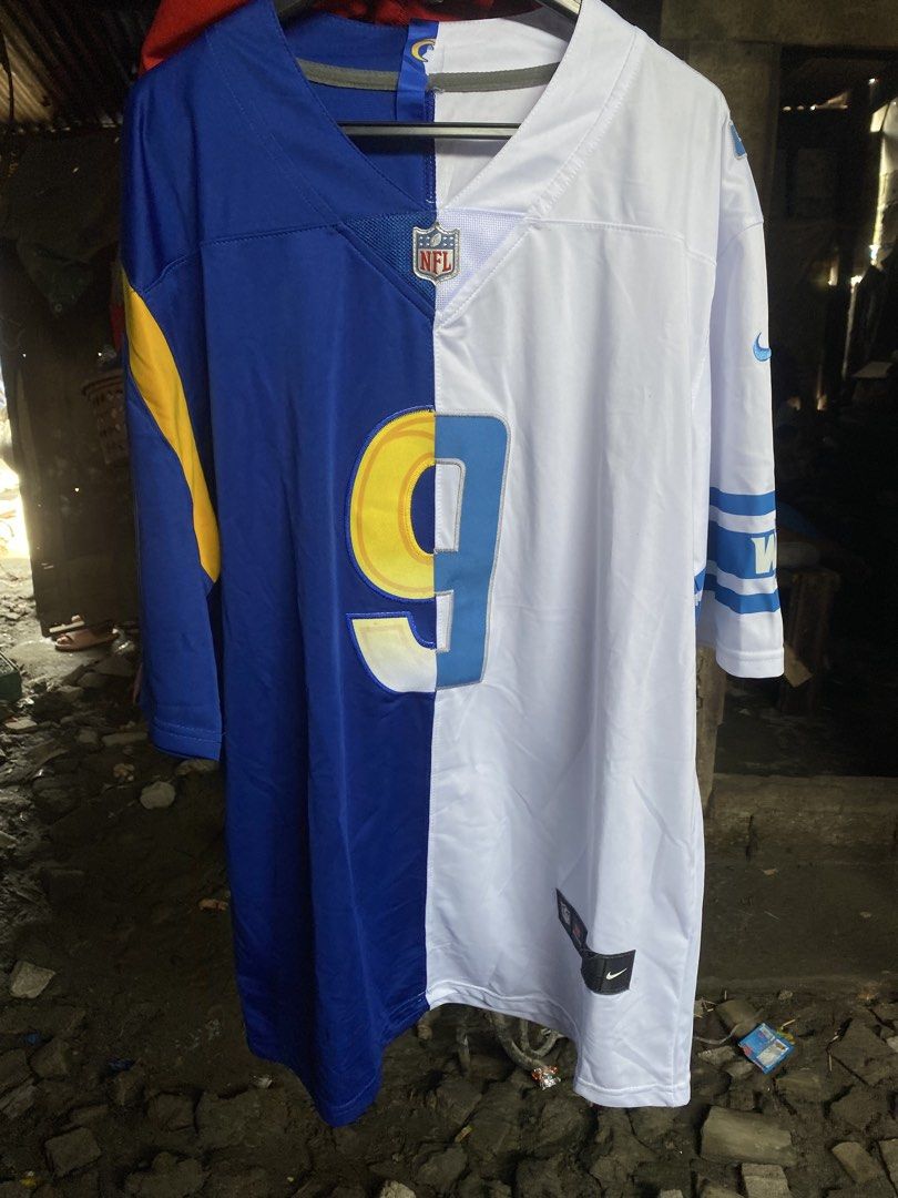 Stafford 9 Rams Lions Split NFL Jersey (Category: Activewear) located in San Fernando. Submitted by thrifteezy6 (Listing ID 1463817924, Image 1). Description: - Unique split jersey design: Rams on one side, Lions on the other. - Features star player Matthew Stafford and his number 9. - Authentic Nike brand and NFL Players tag. - Size Large (L). - Perfect for any NFL or football enthusiast!.