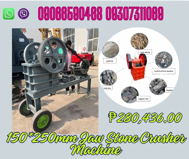 Stone Jaw Crusher Machine150*250mm 12hp (Category: Construction Tools & Equipment) located in Pasig City. Submitted by bhabeyf20983 (Listing ID 1463789576, Image 1). Description: Jaw Crusher Mini Stone Crusher Model: 150x250 Capacity : 2-4T/H max Feed Size : 15*25cm DIESEL :12HP oUTPUT sIZE :0-3CM (ADJUSTABLE) Vibrating Screen :3outputs Size :1700*900*1900mm Weight :800kg Diesel version with Wheel ✅ Guaranteed lowest price ✅ Quality products ✅ Bi