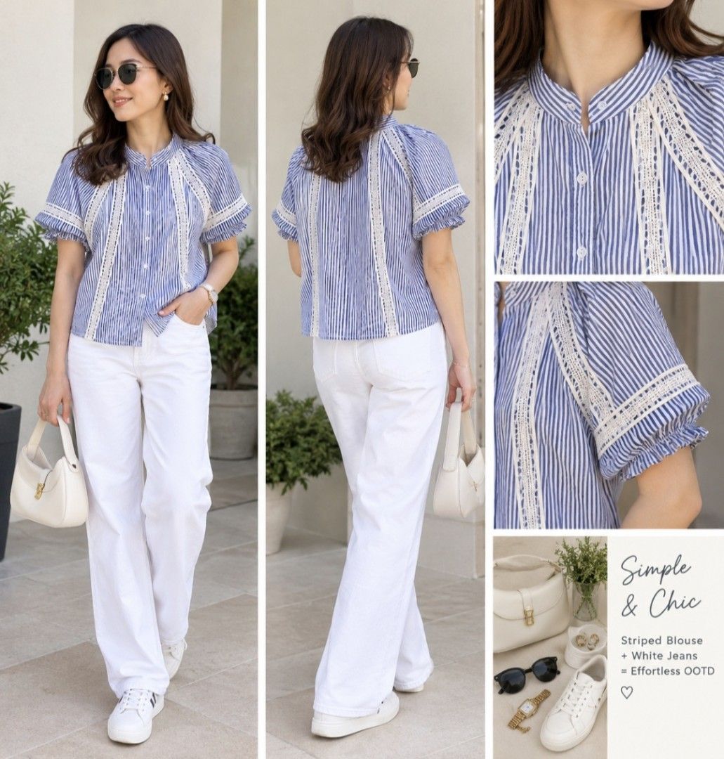 Striped Lace Detail Blouse (Category: Blouses) located in Las Pinas. Submitted by melsv (Listing ID 1463792107, Image 2). Description: - Blue and white striped short-sleeve blouse - Delicate white lace trim on front and sleeves - Mandarin collar with button-up front - Versatile: pairs well with jeans or white pants - Comfortable and stylish for everyday wear.