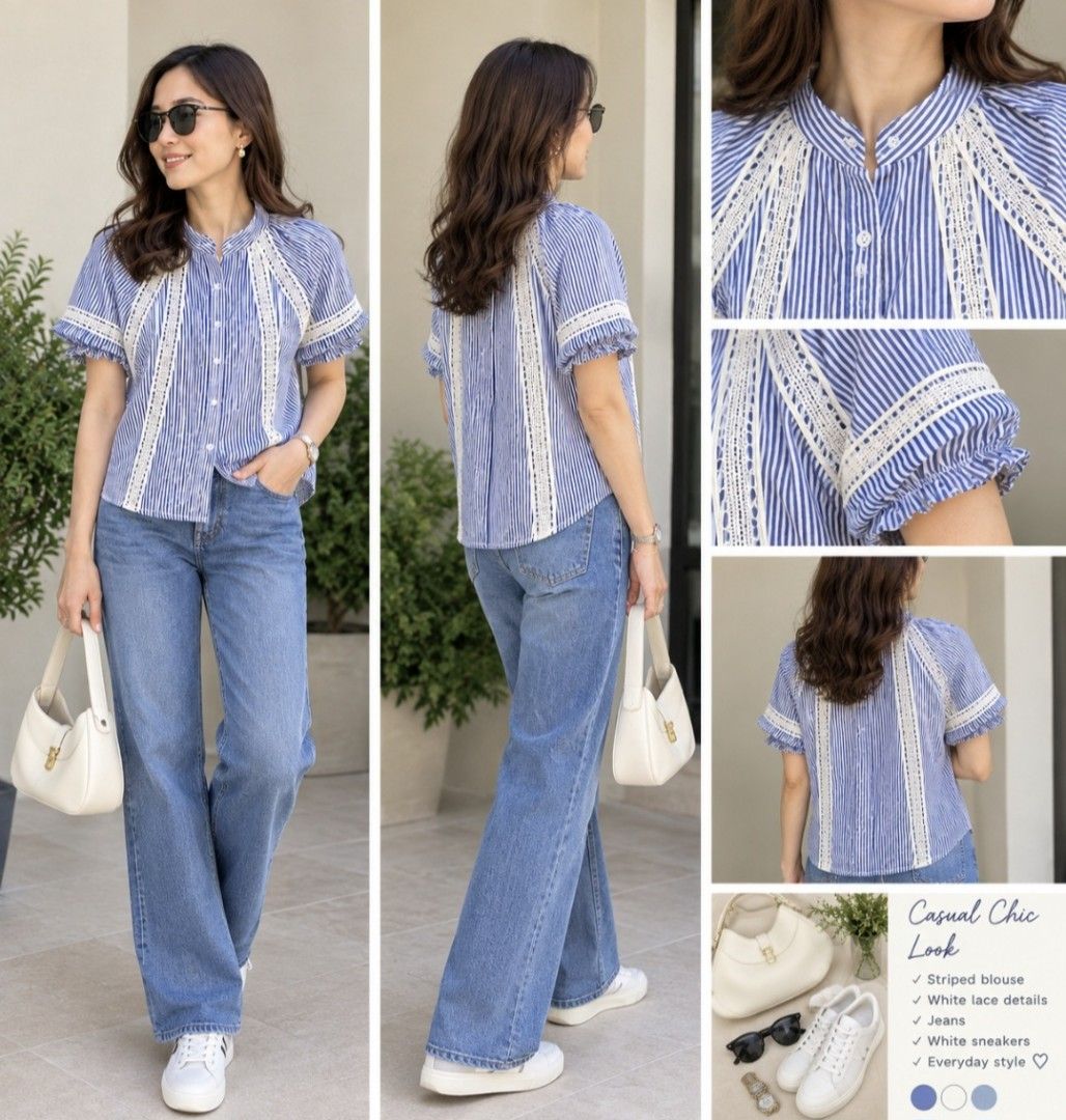 Striped Lace Detail Blouse (Category: Blouses) located in Las Pinas. Submitted by melsv (Listing ID 1463792107, Image 3). Description: - Blue and white striped short-sleeve blouse - Delicate white lace trim on front and sleeves - Mandarin collar with button-up front - Versatile: pairs well with jeans or white pants - Comfortable and stylish for everyday wear.