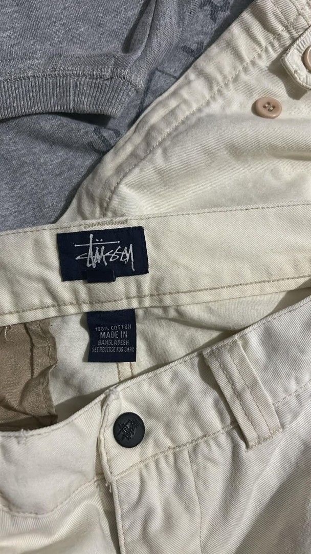 Stussy Cream Cargo Pants (Category: Joggers) located in Lapu Lapu. Submitted by margaux099 (Listing ID 1463905721, Image 2). Description: - Cream colored Stussy cargo pants - Size Large (please check measurements) - Made from 100% cotton - Origin: Bangladesh - Multiple functional pockets - Adjustable ankle straps - Ideal for everyday casual wear.