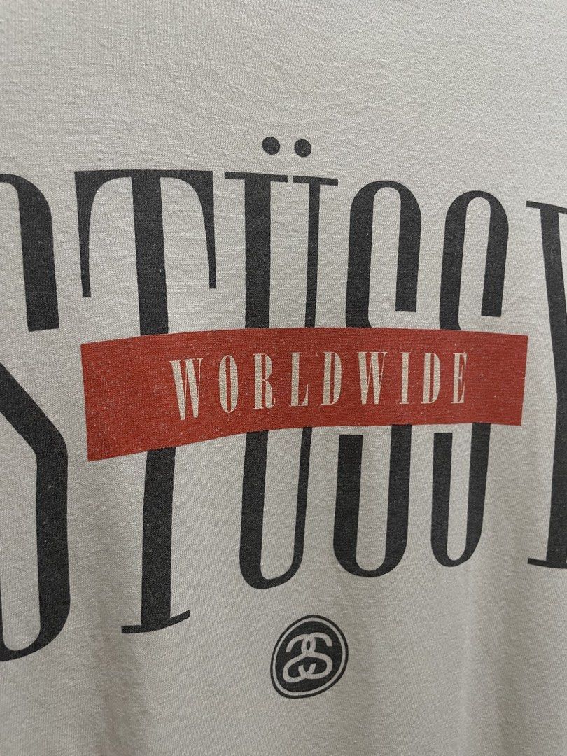 Stussy worldwide (AUTHENTIC) (Category: Tshirts & Polo Shirts ) located in Pasig City. Submitted by thriftline.ph (Listing ID 1463765303, Image 2). Description: Stussy worldwide - Length : 27 - Width : 20 - Color rate : 8.9/10 - Issue : stain, dot fadings 🏷️ 550 + sf.