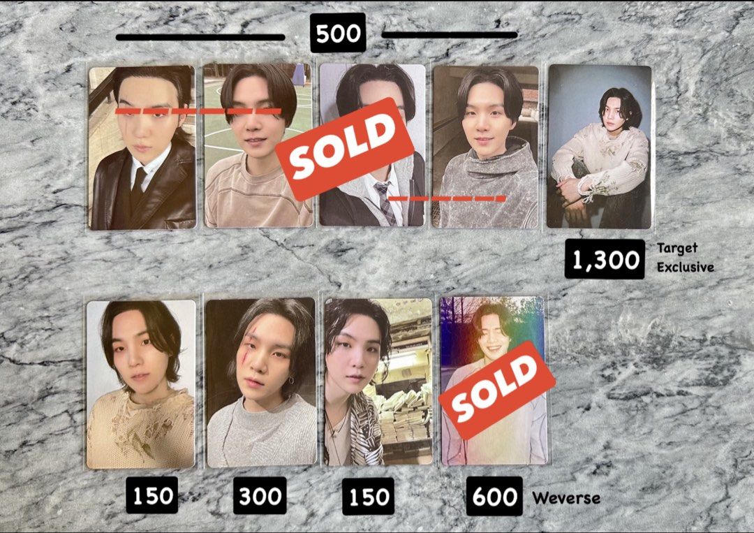 SUGA DDAY Photocards (Category: K-Wave Merchandise) located in Batangas. Submitted by porscheanillo (Listing ID 1462920932, Image 1). Description: - Official BTS SUGA DDAY photocards - Prices as marked in photos - Includes Target exclusives - Includes Weverse exclusives - Message for more details - Happy to bundle! -Agustd Weverse Exclusive - SOLD -DDAY Bundle - SOLD.