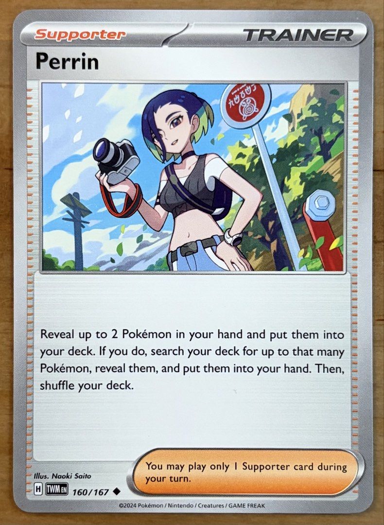 Supporter: Perrin | Pokemon Cards ~ Twilight Masquerade (Category: Raw Singles) located in Makati City. Submitted by cardlab (Listing ID 1463752951, Image 1). Description: Items are 💯 authentic/original/legit. About The Card: •Language: EN • Number: 160/167 • Uncommon • Normal FOR: • Cards ₱99 and below with Card Sleeves • Cards ₱100 and up with Card Sleeves and Used Toploader • ₱10 for Bnew Tops Packaging (If Shipping): ✔️ Plastic cover ✔️ Card