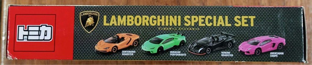 Takara Tomy Tomica Lamborghini Special Set (Category: Vehicle & Diecast Models) located in Pio Duran. Submitted by henzelhannah (Listing ID 1463794331, Image 3). Description: PTPA; - Takara Tomy Tomica Lamborghini Special Set - Includes 4 iconic Lamborghini models: - Centenario Roadster - Huracan Performante - Veneno Roadster - Aventador Coupe - Made in Vietnam - Ideal for collectors and kids who love cars 09159248299.