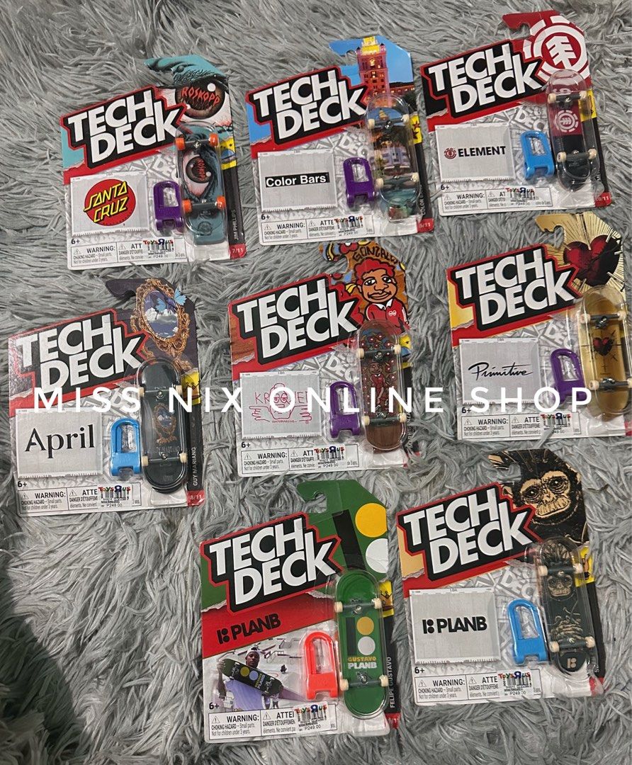 Tech Deck Fingerboards - Various Brands - Single Pack (Category: Action & Battle Toys) located in Mandaluyong City. Submitted by gdnixonlineshop (Listing ID 1463834324, Image 1). Description: - Brand new Tech Deck fingerboards - All items are in original, unopened packaging - Features popular designs: Santa Cruz, Element, Plan B, Roskopp - Ideal for collectors and fingerboarding fans.