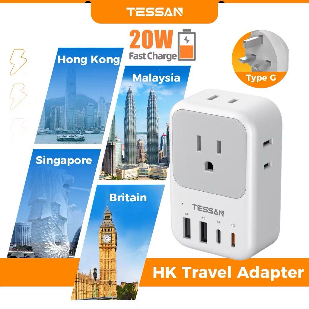 TESSAN Type G Plug Adapter with USB+Type C, Conversion Plug Adaptor for HK, SG, MY, UK (Category: Chargers & Cables) located in Antipolo. Submitted by chenilinn (Listing ID 1463758474, Image 1). Description: - Works seamlessly in the UK, Ireland, Scotland, England, Hong Kong, UAE, Singapore, and more than 15 destinations using Type G sockets - 4AC sockets + 3 USB ports (2C + 1A) - Charge up to 7 devices - Compact and travel ready - 20W - Used onc