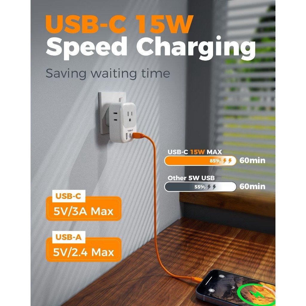 TESSAN Type G Plug Adapter with USB+Type C, Conversion Plug Adaptor for HK, SG, MY, UK (Category: Chargers & Cables) located in Antipolo. Submitted by chenilinn (Listing ID 1463758474, Image 3). Description: - Works seamlessly in the UK, Ireland, Scotland, England, Hong Kong, UAE, Singapore, and more than 15 destinations using Type G sockets - 4AC sockets + 3 USB ports (2C + 1A) - Charge up to 7 devices - Compact and travel ready - 20W - Used onc