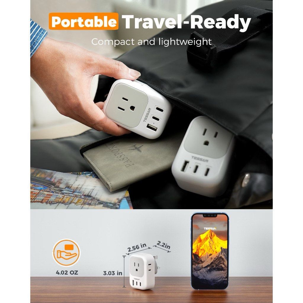 TESSAN Type G Plug Adapter with USB+Type C, Conversion Plug Adaptor for HK, SG, MY, UK (Category: Chargers & Cables) located in Antipolo. Submitted by chenilinn (Listing ID 1463758474, Image 2). Description: - Works seamlessly in the UK, Ireland, Scotland, England, Hong Kong, UAE, Singapore, and more than 15 destinations using Type G sockets - 4AC sockets + 3 USB ports (2C + 1A) - Charge up to 7 devices - Compact and travel ready - 20W - Used onc