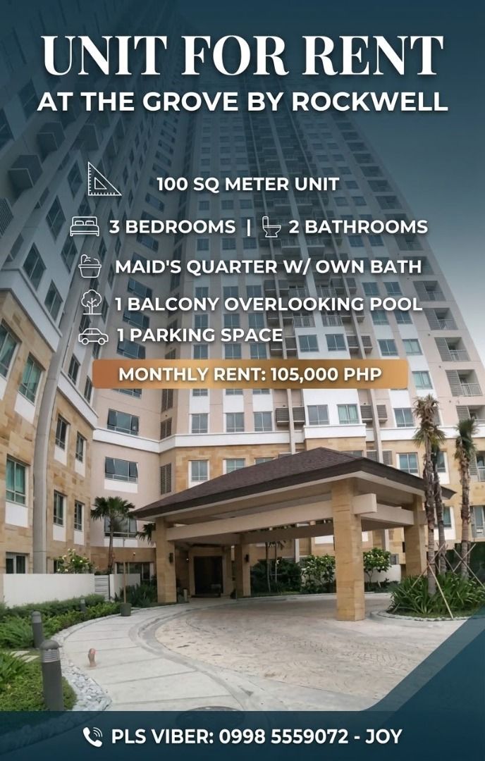 THE GROVE BY ROCKWELL (Category: Apartments & Condos) located in Caloocan City. Submitted by jewelleryb65391 (Listing ID 1463792760, Image 1). Description: UNIT FOR RENT 100 SQ METER UNIT 3 BEDROOMS WITH 2 BATHROOMS MAID'S QUARTER W/ OWN BATH 1 BALCONY OVERLOOKING POOL 1 PARKING SPACE.