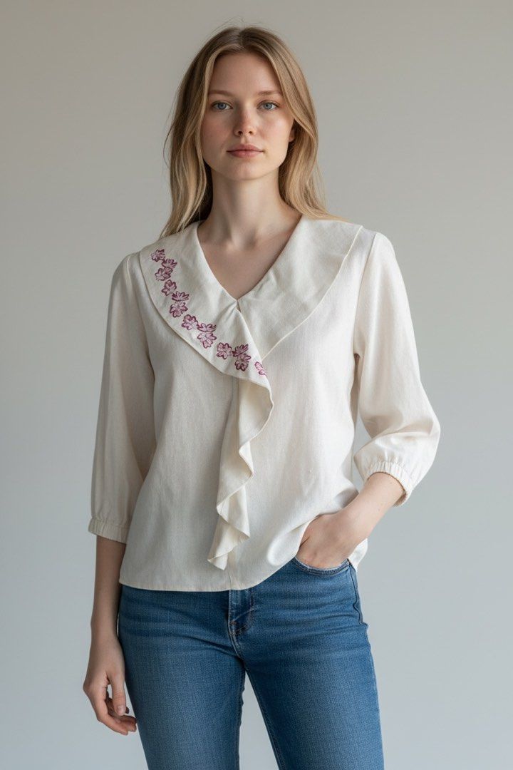 UNICA Cream Floral Design (Category: Blouses) located in Quezon City. Submitted by kikays0215 (Listing ID 1463802747, Image 1). Description: - Cream colored blouse from UNICA - Size: Medium (M) - Pretty floral embroidery along the collar - V-neck with ruffled front detail - 3/4 sleeves with elastic cuffs - Versatile: pairs well with jeans or skirts.