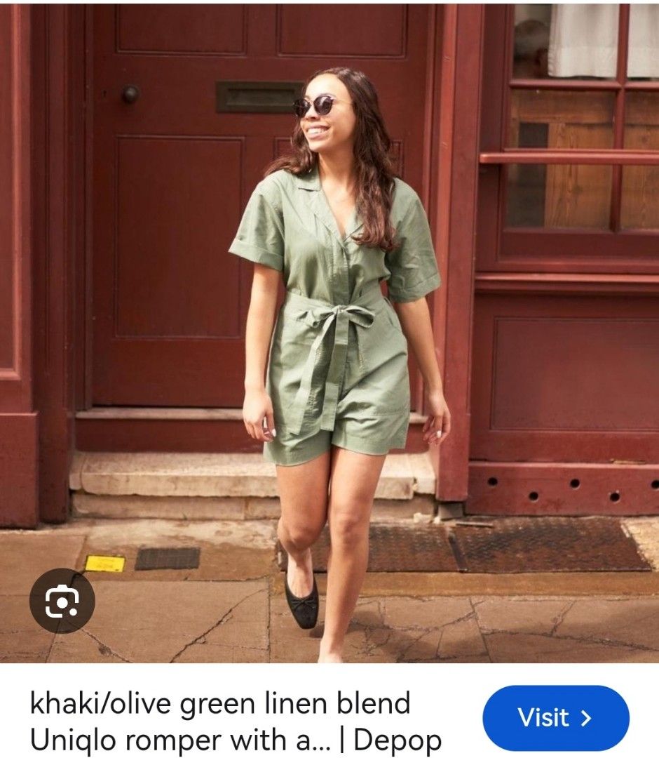 Uniqlo sage green linen romper (Category: Rompers) located in Batangas. Submitted by micaelaul (Listing ID 1463832807, Image 2). Description: 32-34 bust 25-29 waist.