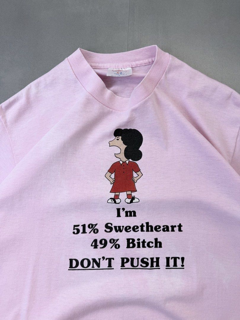 Vintage 90s Lucy van Pelt Statement tee shirt (Category: Tshirts & Polo Shirts ) located in Santa Rosa. Submitted by arvintage.ph (Listing ID 1463848171, Image 2). Description: Tagged: Large on tag Width 20” | Length 28.5” Condition: Lightly used. Single stitched Issue(s): Dirt stain and white disco. see photos.