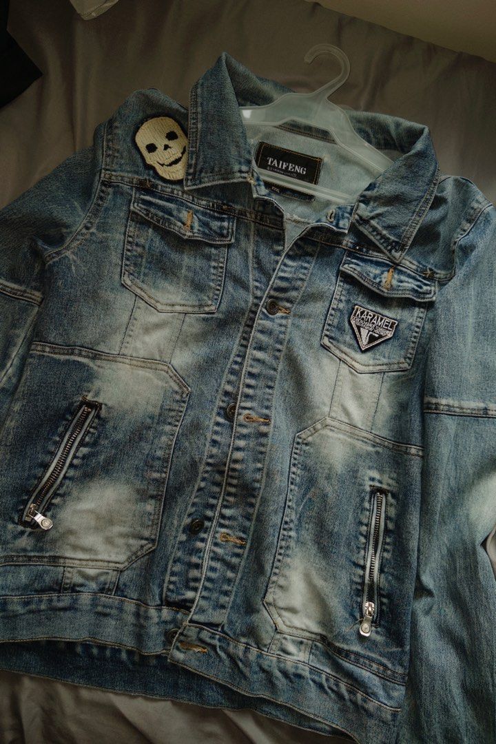 Vintage Chinese Brand Denim Jacket (Category: Coats, Jackets and Outerwear) located in Manila. Submitted by jayzee1101 (Listing ID 1463814973, Image 1). Description: RFS: decluttering. negotiable. the jacket’s rock-inspired graphics with bold skull designs and edgy typography/statements that give it an unmistakable underground, alternative edge. heavy weight jacket..