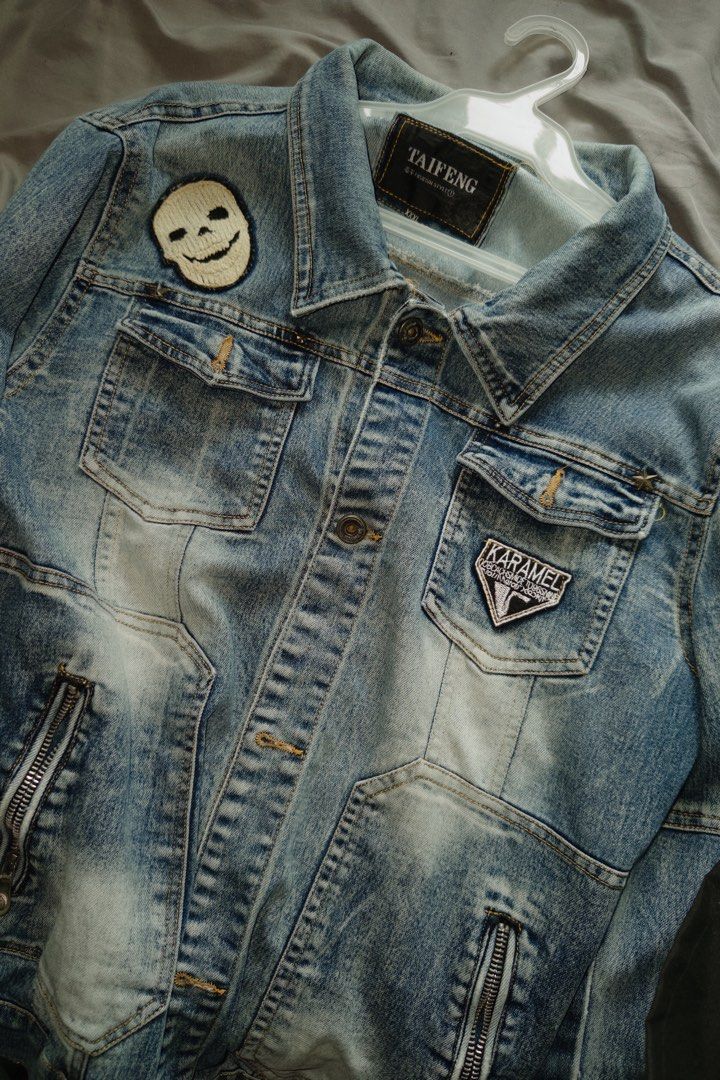 Vintage Chinese Brand Denim Jacket (Category: Coats, Jackets and Outerwear) located in Manila. Submitted by jayzee1101 (Listing ID 1463814973, Image 2). Description: RFS: decluttering. negotiable. the jacket’s rock-inspired graphics with bold skull designs and edgy typography/statements that give it an unmistakable underground, alternative edge. heavy weight jacket..