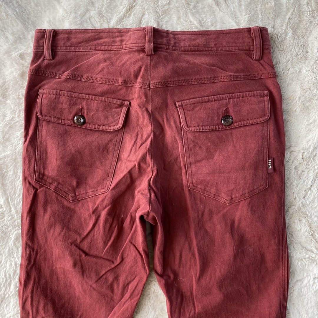 VINTAGE PPFM HOME PANTS AUTHENTIC (Category: Chinos) located in Cadiz. Submitted by thrift_hunt_garage (Listing ID 1463875928, Image 3). Description: VINTAGE PPFM HOME PANTS AUTHENTIC Size and measurements by inches : On tag large Width 30 Length 41 Rise 10 Leg opening 6.5 Knee 8 Thigh 12 Condition and details : Slim fit chino type Red colorway Issue none Flaws need wash only .