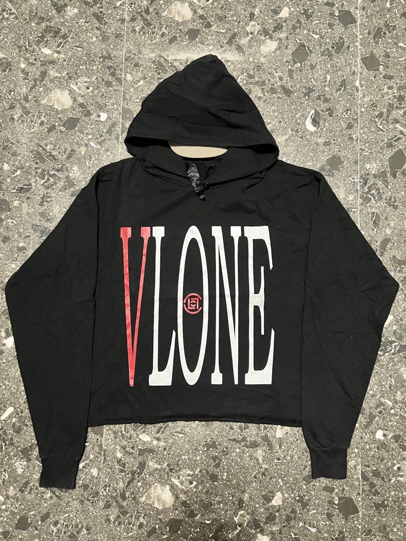 VLONE Black Hoodie (Category: Coats, Jackets and Outerwear) located in Manila. Submitted by justin_sy (Listing ID 1463830083, Image 1). Description: - Black VLONE hoodie - Features red and white graphic print on the front - Long sleeves with ribbed cuffs - Adjustable drawstring hood - Cropped fit design - Ideal for casual wear.