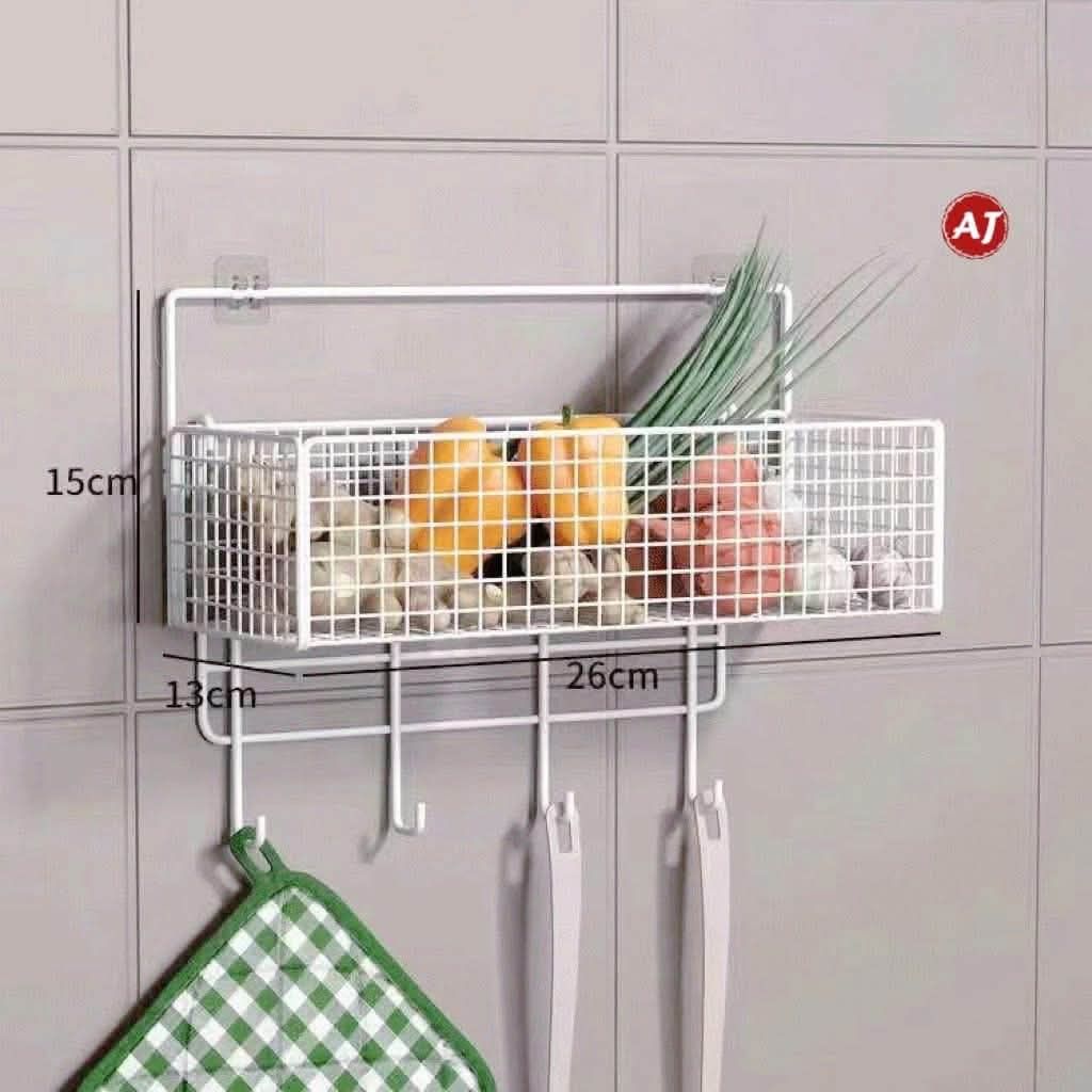 Wall Mounted Storage Basket Shelf with Hooks (Category: Storage Boxes & Baskets) located in Manila. Submitted by iliasjen3082126 (Listing ID 1463929501, Image 1). Description: - Wire storage basket with hooks - Ideal for organizing kitchen items, utensils, or small accessories - Easy wall mounting with included adhesive hooks - Available in white or black - Dimensions: 26cm (L) x 15cm (H) x 13cm (D) - Helps keep your space tidy and clutter-free.