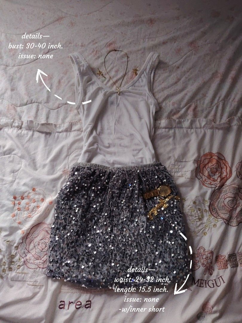 white tank top and sequence gray skirt ⚪ (Category: Sets or Coordinates) located in Hermosa. Submitted by lcvelycath (Listing ID 1463786451, Image 2). Description: size: m-l mine: ₱199 bid: ₱+10 lock: ₱399 (shipped) top: ₱99 bottom: ₱159 EOB: monday—september 28 (the seller is on vacation 😘) °. thrifted, pre-loved, or brand new but ready to wear (some aren't bcs i don't have the time to wash them, very sorryy :<) colors may vary due to lightning