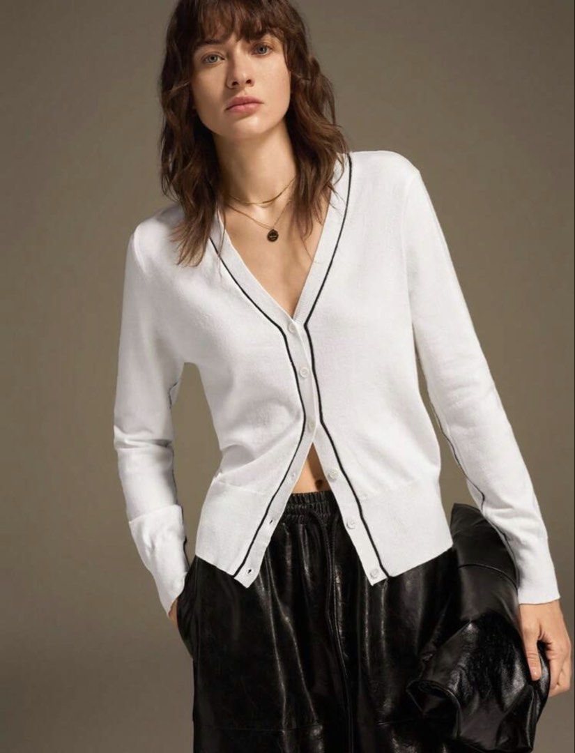 White With Black Trim Cardigan (Category: Others Tops) located in Davao. Submitted by outoftheclosetdvo (Listing ID 1463930605, Image 1). Description: Fits medium to large.