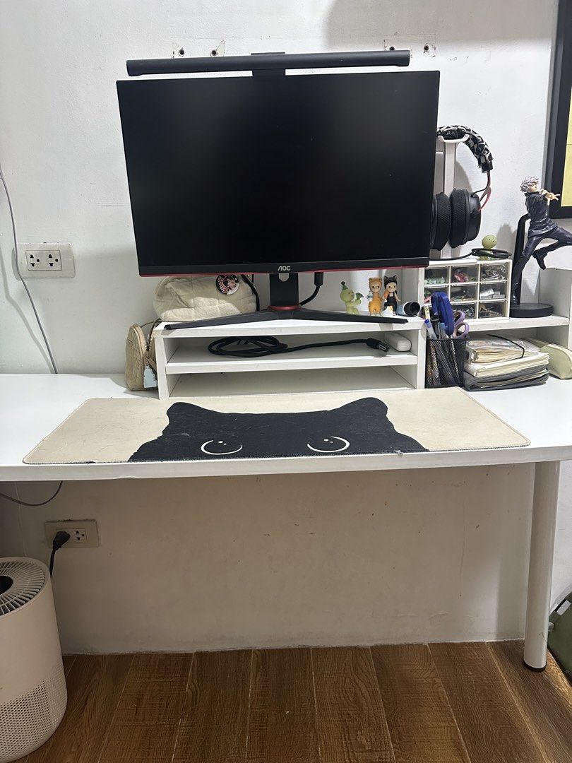 White work/study table with monitor riser ONLY (Category: Office Furniture & Fixtures) located in Pasay City. Submitted by annwops (Listing ID 1463769348, Image 3). Description: Table and monitor riser only - table (140x50x75 cm) - monitor riser (50x20x7.7 cm).