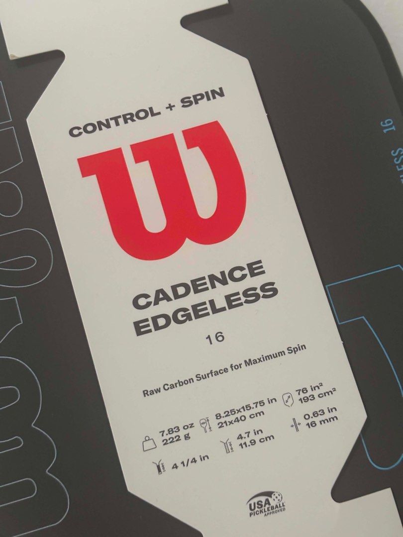 Wilson Cadence Edgeless 16 Pickleball Paddle (Category: Racket and Ball Sports) located in Quezon City. Submitted by raket_garage (Listing ID 1463933331, Image 1). Description: - Authentic, store-bought - Raw carbon surface for maximum spin - Designed for Control + Spin - USA Pickleball approved - Weight: 7.83 oz (222 g) - Dimensions: 8.25x15.75 in (21x40 cm) - Grip size: 4 1/4 in (11.9 cm) - Head size: 76 in² (193 cm²) - Thickness: 0.63 in (16 m