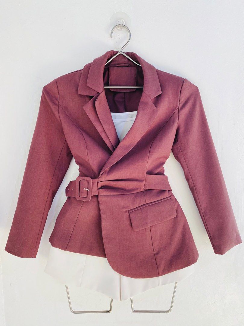 Women's Belted Double-Breasted Blazer (Category: Coats, Jackets and Outerwear) located in Vigan. Submitted by yourcloset1001 (Listing ID 1463911968, Image 1). Description: - Chic mauve blazer - Flattering belted waist - Double-breasted design - Notched lapel - Subtle textured fabric - Perfect for work or a night out - Pairs well with shorts or trousers.