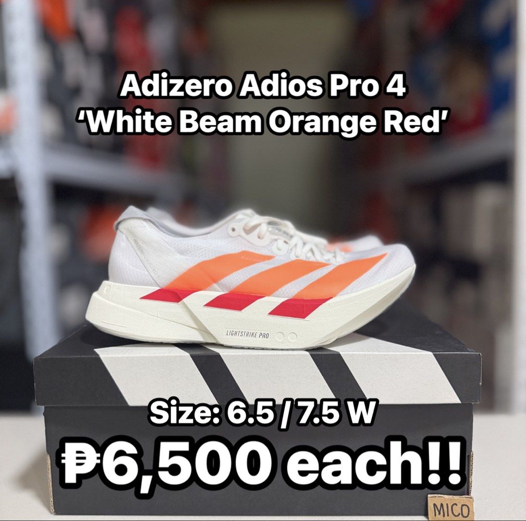 WTS‼️ Adios Pro 4 White Beam Orange (Category: Sneakers) located in Tanauan. Submitted by suelasdistrito (Listing ID 1463782130, Image 1). Description: WTS‼️ Adios Pro 4 White Beam Orange ₱6,500 only!! Size: 6.5 / 7.5 W Bnds Complete Tanauan, Batangas Can ship nationwide.