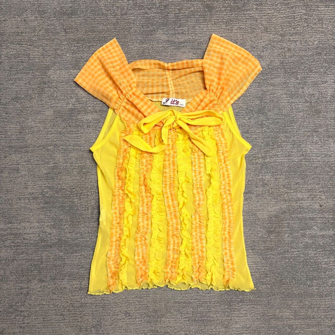 Y2K it's paris vertical ruffled (Category: Sleeveless) located in Calamba. Submitted by bermuda.ph (Listing ID 1463879983, Image 1). Description: An orange gingham collar accent, and a front bow tie. .
