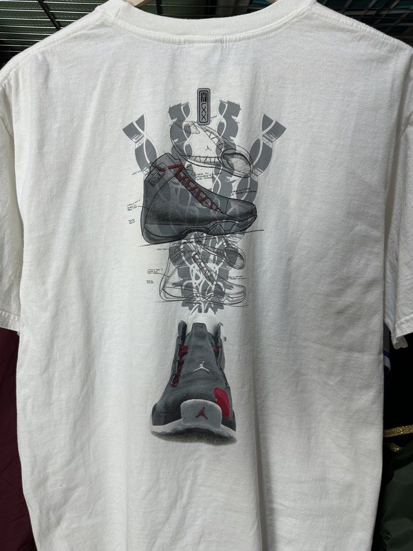 Y2K Nike Jordan 21 Promo Tee (Category: Tshirts & Polo Shirts ) located in Daet. Submitted by thrifthings2018 (Listing ID 1463843625, Image 3). Description: - Authentic Y2K White Nike Jordan 21 Promo Tee - Features unique graphics of the Jordan 21 shoe on both front and back - Front graphic showcases the shoe's sole - Back graphic displays an exploded view of the shoe - Includes the iconic Jordan logo on the lower right front - Size: Medium (M) -