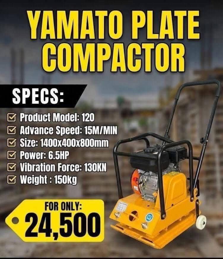 YAMATO PLATE COMPACTOR (Category: Announcements) located in San Pablo. Submitted by justineange628 (Listing ID 1463753919, Image 1). Description: YAMATO PLATE COMPACTOR Product Model: 120 Advance Speed: 15M/Min Size: 1400×400×800mm Power: 6.5hp Vibration Force: 130KN Weight: 150Kg Price: 24,500 MODE OF PAYMENT: COD | COP GCash | Bank Transfer WE DO SHIPPING VIA LALAMOVE🚘 KINDLY PM/DM ME IF YOU’RE INTERESTED PLUS SHIPPING FEE / DELIVERY FEE WE AR