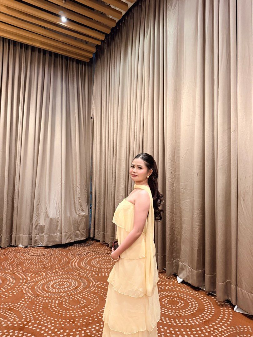 Yellow Ruffled One-Shoulder Formal Gown (Category: Evening dresses & gowns) located in Taguig. Submitted by paulasbrandedpreloved (Listing ID 1463758471, Image 1). Description: - Flowy yellow gown - Ruffled one-shoulder design - Elegant tiered skirt for movement - Ideal for formal events, weddings, or parties - Comfortable and chic style - Worn only once.