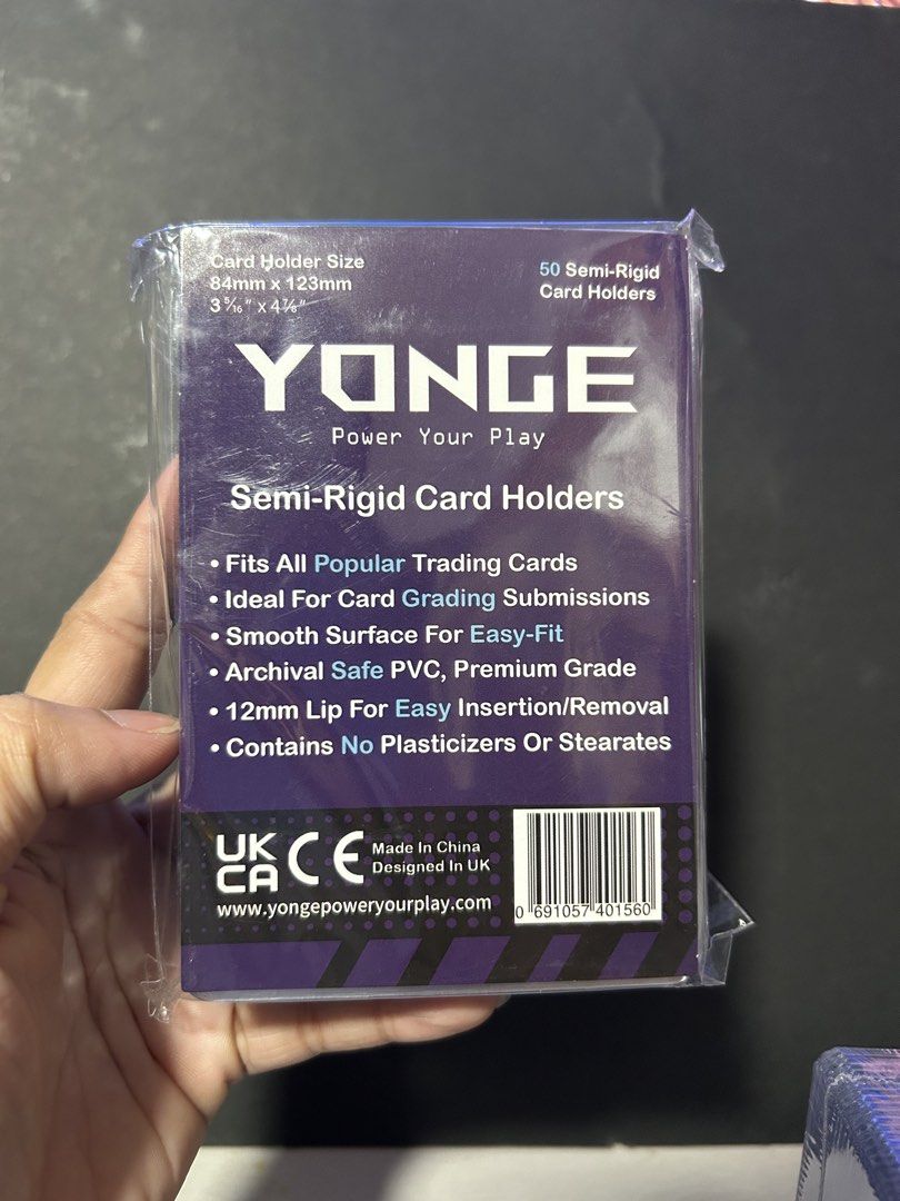 YONGE Semi-Rigid Card Holders - 50 Count (Category: Wallets & Card holders) located in Manila. Submitted by rodelyn_alvarez (Listing ID 1463753447, Image 1). Description: - Pack of 50 YONGE Semi-Rigid Card Holders - Size: 84mm x 123mm - Ideal for popular trading cards and grading submissions - Made of archival safe PVC with a smooth surface - Easy insertion and removal - Contains no plasticizers or stearates - Designed in the UK.