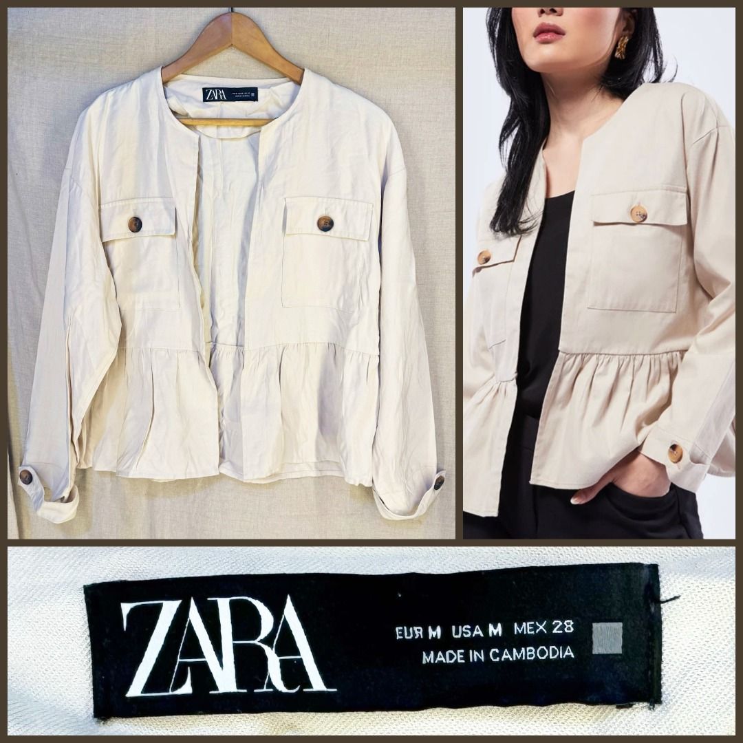 Zara Beige Peplum Jacket (Category: Coats, Jackets and Outerwear) located in Caloocan City. Submitted by uniquefind04625 (Listing ID 1463913620, Image 1). Description: Zara Beige Peplum Jacket ₱500 (retails at ₱1,000).