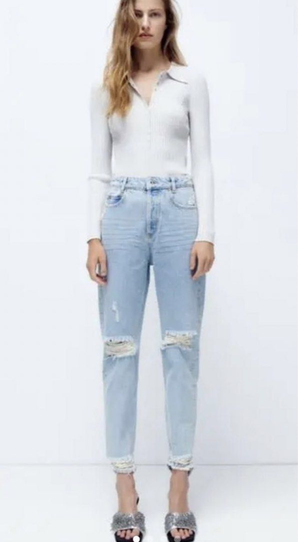 Zara Light Wash Ripped Mom Jeans (Category: Jeans) located in Manila. Submitted by fromgg_ (Listing ID 1463781981, Image 2). Description: Zara Light Wash Ripped Mom Jeans ⟡ size 36 ⟡ Authentic Zara ⟡ Brand new with tag ⟡ Dm for actual picture.