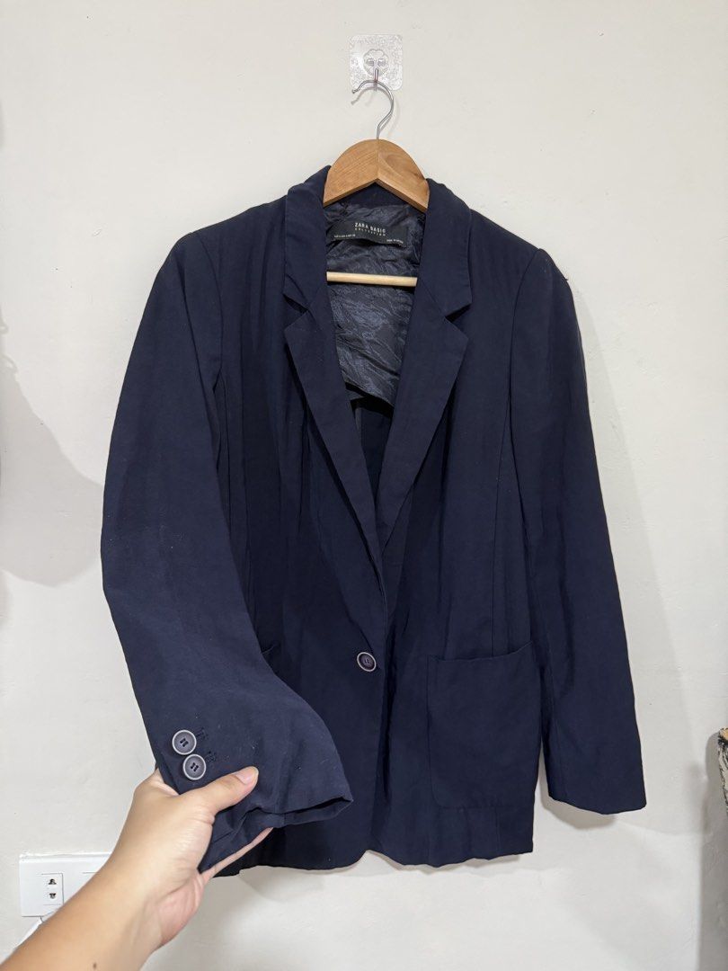 Zara Navy Blue Blazer Coat (Category: Coats, Jackets and Outerwear) located in Manila. Submitted by morningthrifters (Listing ID 1463882520, Image 2). Description: Zara Navy Blue Coat Blazer S on tag but can fits Medium frame Still in good condition.