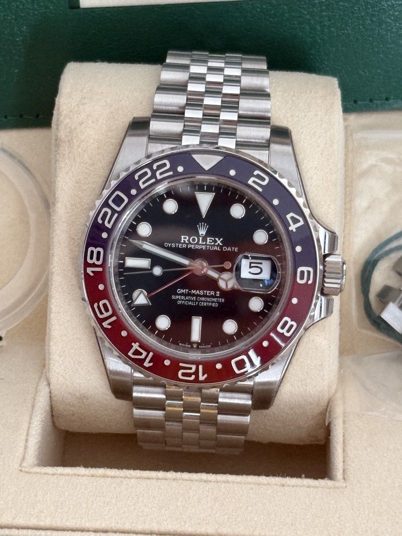 Cheapest Mint 126710BLRO SEP20 GMT II Jubilee“Pepsi” (Full Set with White Tag - Unpolished Protective film day 1) (Category: Watches) located in Singapore. Submitted by win2win88 (Listing ID 1464079413, Image 2). Description: - Rolex GMT-Master II 'Pepsi' - Model: 126710BLRO - Iconic red and blue bezel - Dated: SEP 2020 (New Warranty Card) - Full Set with original box, card, white & green tag - Comes with protective film applied since day 1 when 
