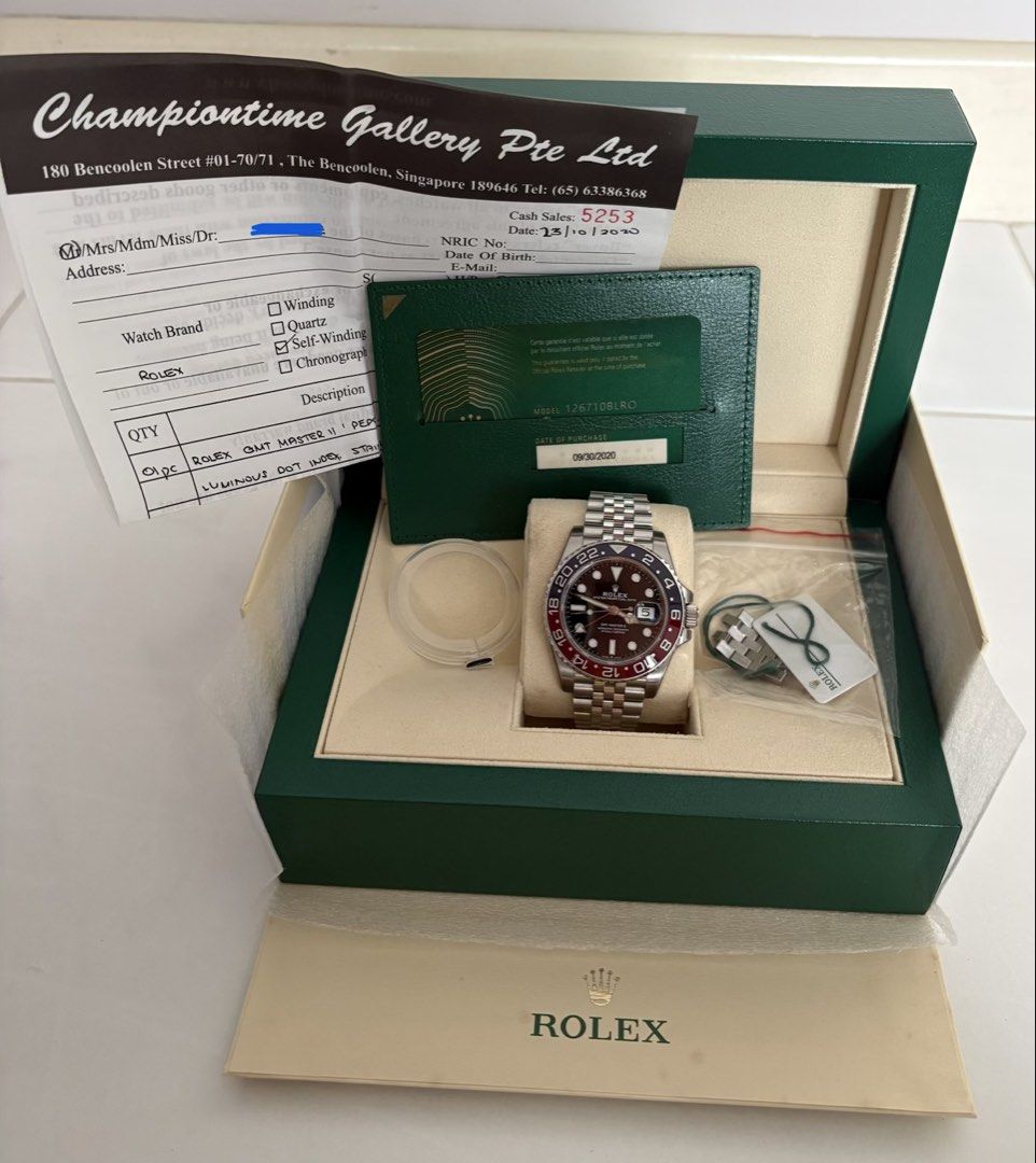 Cheapest Mint 126710BLRO SEP20 GMT II Jubilee“Pepsi” (Full Set with White Tag - Unpolished Protective film day 1) (Category: Watches) located in Singapore. Submitted by win2win88 (Listing ID 1464079413, Image 1). Description: - Rolex GMT-Master II 'Pepsi' - Model: 126710BLRO - Iconic red and blue bezel - Dated: SEP 2020 (New Warranty Card) - Full Set with original box, card, white & green tag - Comes with protective film applied since day 1 when 