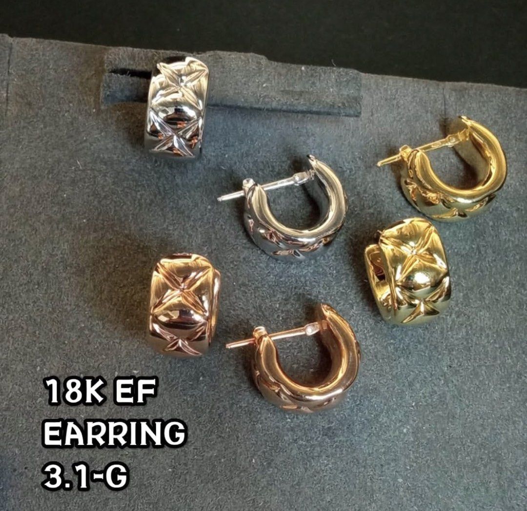 18K EF Earrings - Various Styles & Gold Tones (Category: Earrings) located in Manila. Submitted by jodiluxegold (Listing ID 1464094455, Image 1). Description: - 18K EF Gold Earrings - Available in Yellow Gold, Rose Gold, and White Gold - Designs: Hoops, Hearts, Textured Styles - Weight: 2.2g to 3.1g - Versatile for everyday wear or special occasions - Mix and match or purchase as a set.