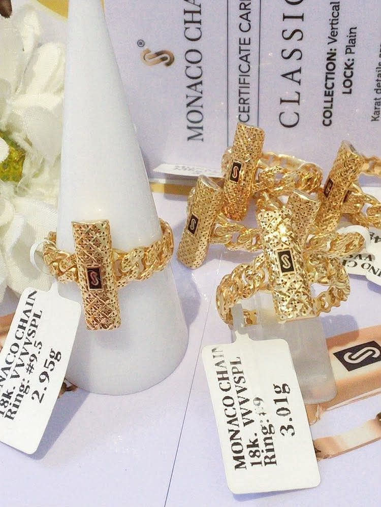 18k Monaco gold ring (Category: Rings) located in Manila. Submitted by bhelgoldseller2ndaccount (Listing ID 1463972935, Image 1). Description: New!!✨New!!✨New!! Authentic 18k Monaco Golds 💯pawnable/naisasanla 💯with high appraisal rate 💯good investment 💯Direct supplier price 👉OPEN for resellers 🌺please take time to evaluate their actual sizes and grams 👉Best panggift for all occasions ✅ Sold per grams not per piece Kya lowest price ✅With pr